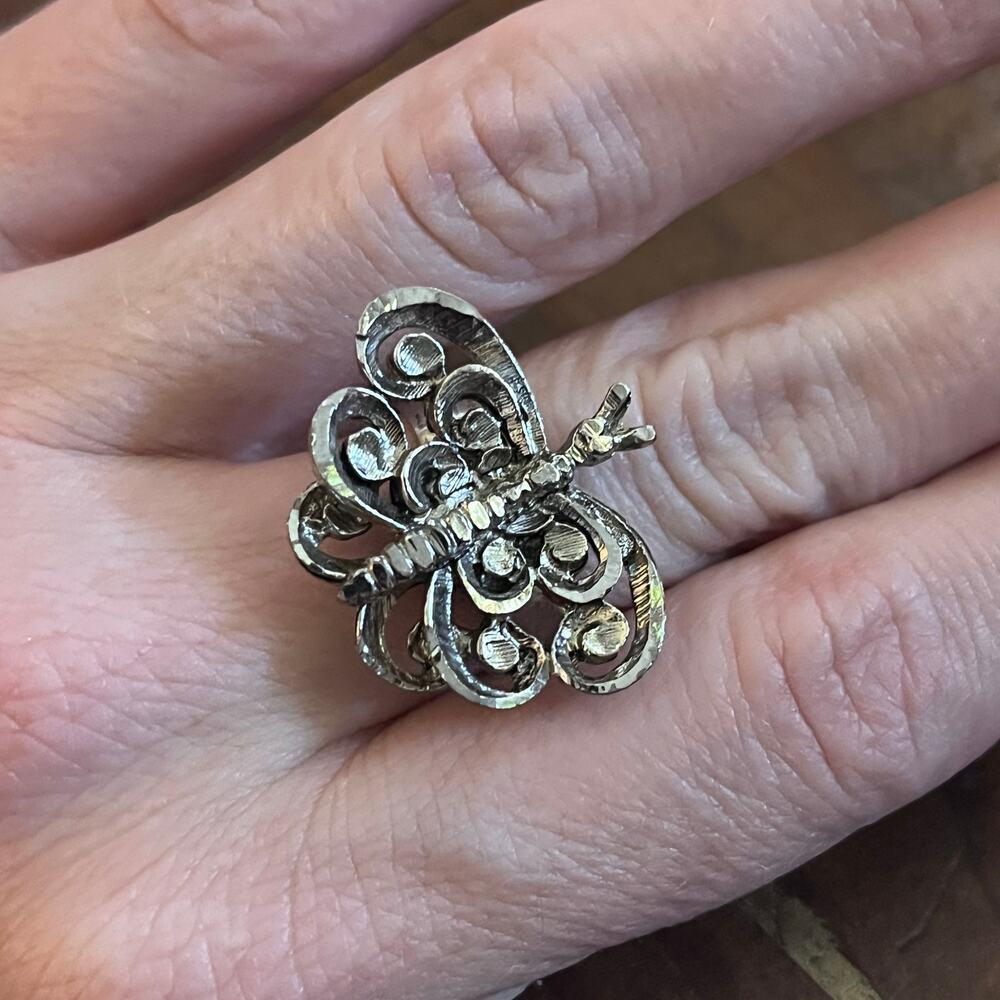Vintage 1970s Artisan Ring Silver Tone Butterfly Shape Adjustable - Picture 3 of 12